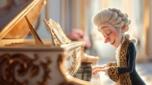Cartoon Mozart Composer at Piano PowerPoint clipart graphic preview.