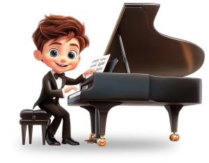 Joyful Boy Playing Piano PowerPoint clipart graphic preview.