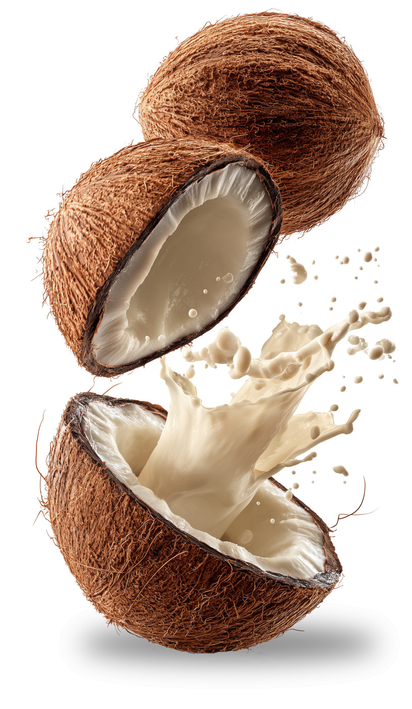 High-resolution clipart illustration of Flying Coconuts Burst, designed for hospitality and restaurant menus, culinary arts marketing, and corporate catering event promotions.