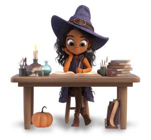 Image of a Witch Studying at Desk PowerPoint clipart graphic preview.