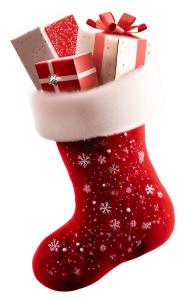 Festive Christmas Stocking  Filled with Gifts PowerPoint clipart graphic preview.