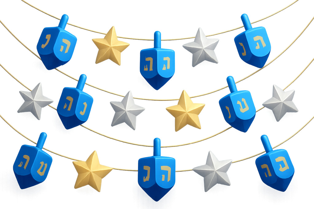 High-resolution clipart illustration of colorful dreidel garland clipart, designed for seasonal marketing campaigns, corporate event presentations, and holiday promotions.