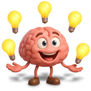 brain character juggling light bulbs PowerPoint clipart graphic preview.