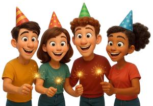 Friends Party Hats Sparklers PowerPoint clipart graphic preview.