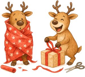 Reindeer Wrapping Presents PowerPoint clipart graphic preview.