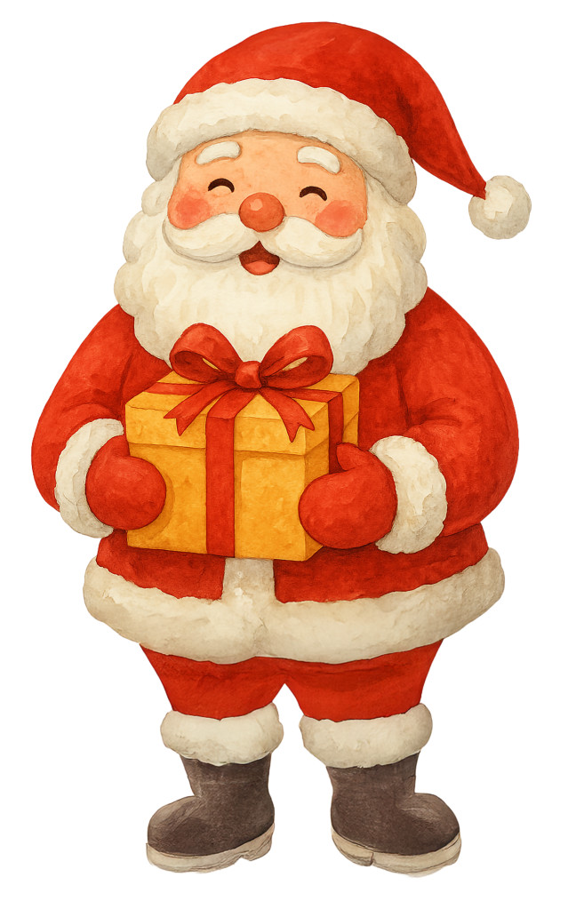 High-resolution clipart illustration of Cheerful Santa Gift Clipart Illustration, designed for seasonal marketing campaigns, corporate event presentations, and holiday promotions.