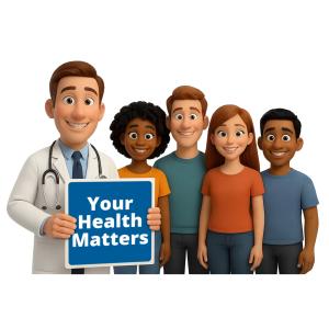 Doctor with Patients  - Customizable PowerPoint clipart graphic preview.