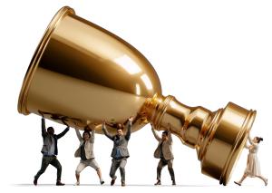 A  Image of a Team Holding up a Golden Trophy PowerPoint clipart graphic preview.
