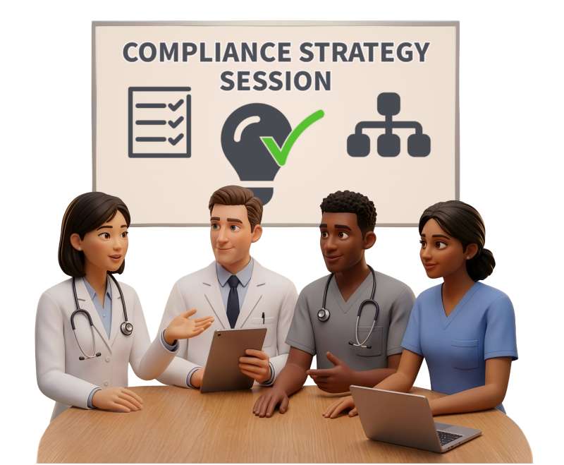 High-resolution customizable clipart of Healthcare Compliance Discussion Clipart - Customizable, designed for corporate project kickoff meetings, creative strategy brainstorming, and innovative product development pitches.