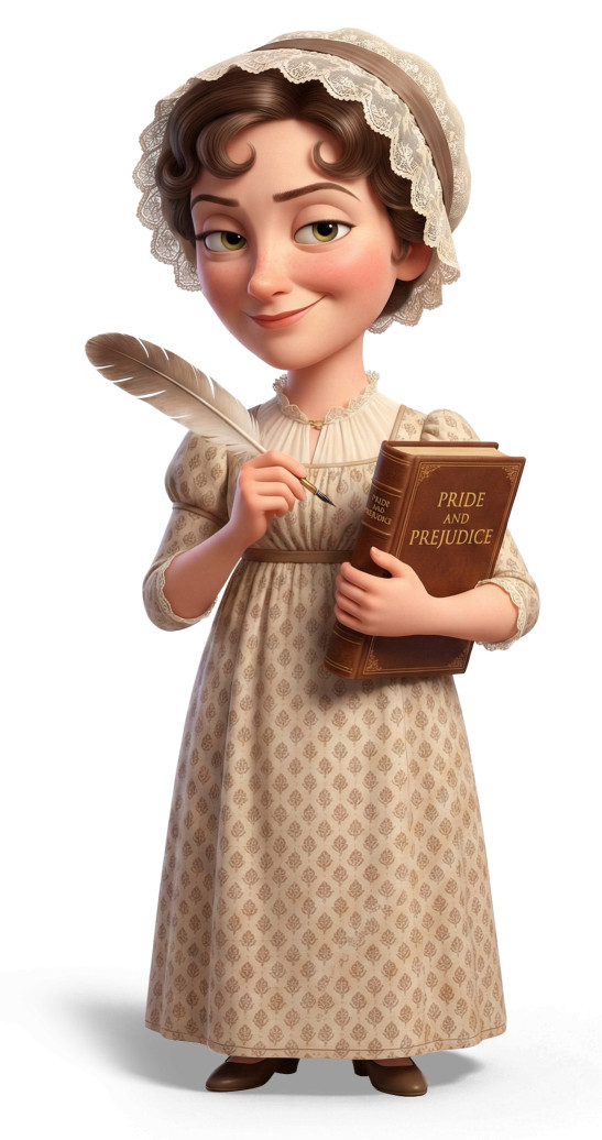 High-resolution clipart illustration of Jane Austen Character Clipart, designed for creative multimedia presentations, dynamic visual storytelling, and professional content design.