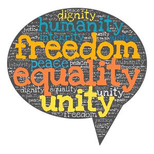 The Power of Voice: A Social Justice and Equality Word Cloud Customizable PowerPoint clipart graphic preview.