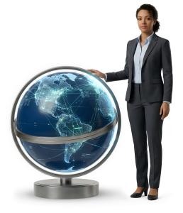 Businesswoman Standing By World PowerPoint clipart graphic preview.