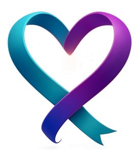 Teal Purple Heart Ribbon PowerPoint clipart graphic preview.