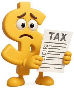 Giant Dollar Sign Holding Tax Form PowerPoint clipart graphic preview.