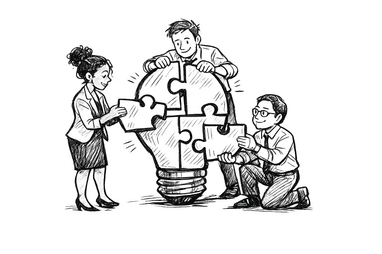 Team Assembling Lightbulb Puzzle Presentation Clipart