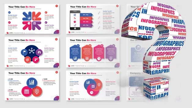 A question mark with infographics text on it on top of infographic PowerPoint slides.