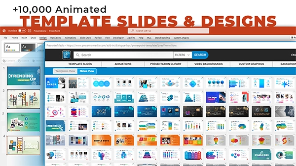 PresenterMedia Microsoft PowerPoint add-in interface showing an in-app asset library dashboard for one-click insertion of animated slides, templates, and presentation graphics.