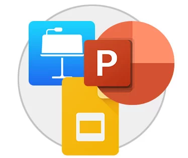 The PresenterMedia logo pointing to the logos of PowerPoint, Google Slides, and Keynote. Then another arrow point to social media icons