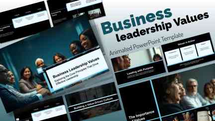 Professional widescreen presentation deck featuring custom slide layouts from the Business Leadership Values PowerPoint Template, structured for corporate operations tracking, strategic business execution, and professional reporting.