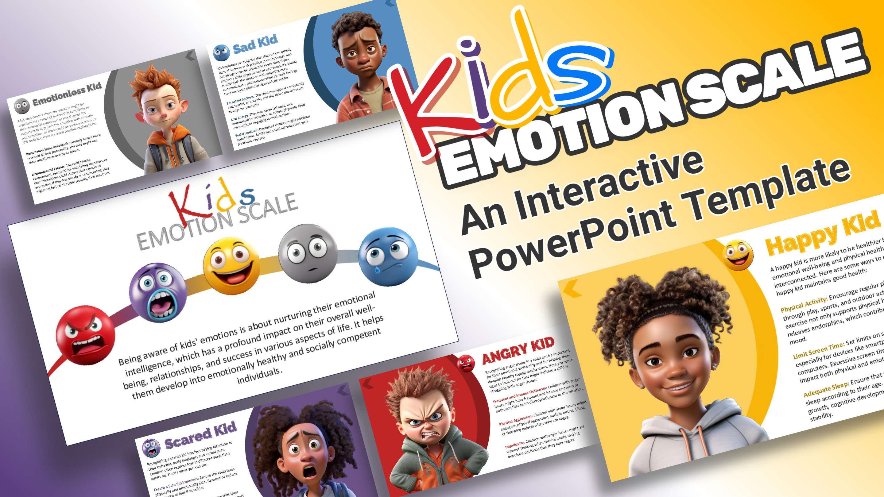 Professional presentation template featuring visual representations of children's emotions, structured for educational psychology, pediatric healthcare training, and childcare business administration.