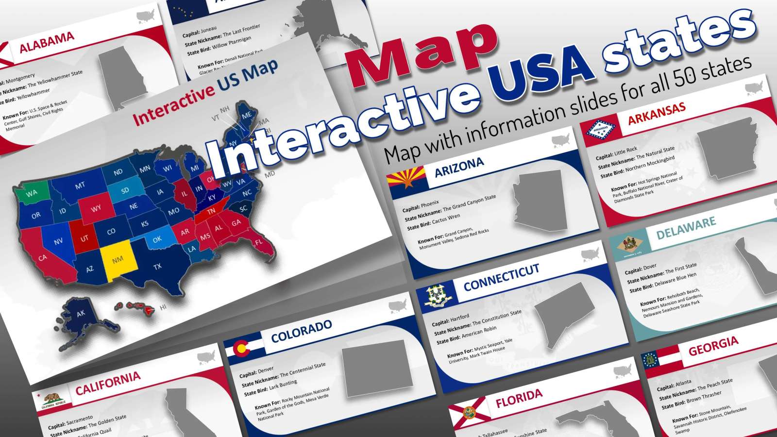 Interactive USA map presentation template, structured for national sales territory mapping, regional performance reporting, and supply chain logistics visualization.