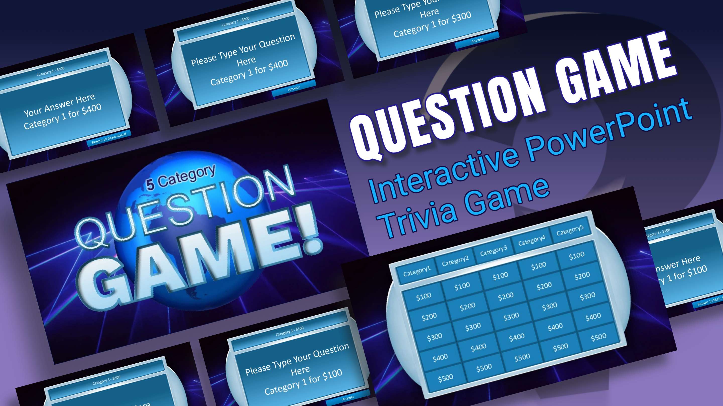 Interactive five-category question board presentation template, structured for corporate compliance training, sales knowledge checks, and interactive department reviews.
