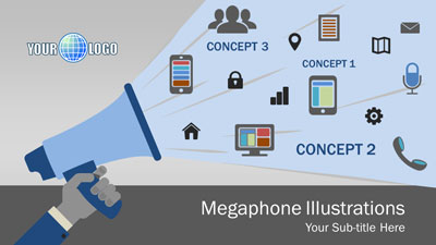Megaphone Illustrations PowerPoint Template layout preview.