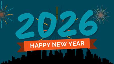 Happy New Year City Fireworks PowerPoint Template layout preview.