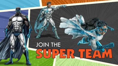 Heroic Superhero Team PowerPoint Template layout preview.