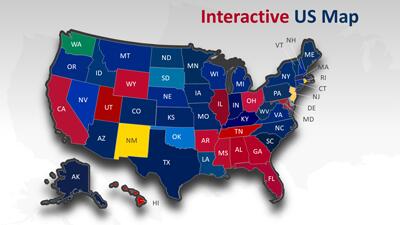 Interactive Usa Map PowerPoint Template layout preview.