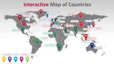 Interactive World Map PowerPoint Template layout preview.