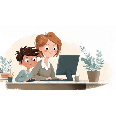 A Video Background of Computer Education  Between Teacher and Kid motion graphic preview.